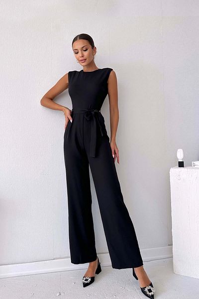 My Blog Black Square Neck Belt Detailed Women's Jumpsuit