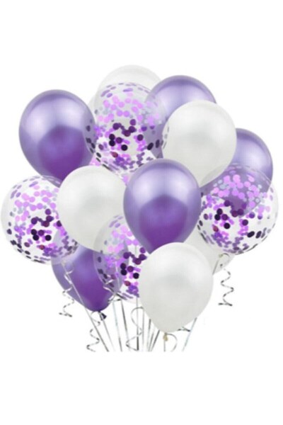 Parti Furyası Mor Konfetili Şeffaf Balon ve mor beyaz  Balon Seti  20 adet