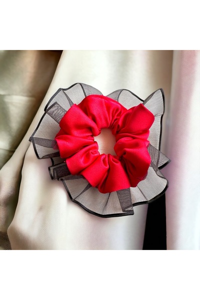 alsaccessories Γυναικεία Κόκκινη Χρώμα Περιθώρια Μαύρο Τούλι Λεπτομερή Scrunc...