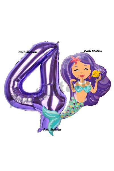 Parti Station Mermaid Deniz Kızı 4 Yaş Balon ve Mor Rakam Balon Doğum Günü Pa...