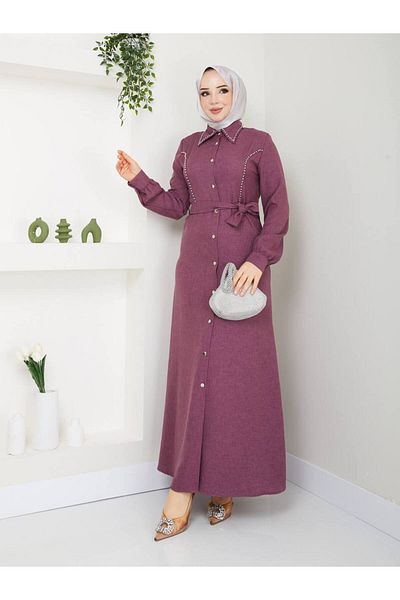 asyadabutik Beaded Buttoned Belted Hijab 1stClass Linen Dress