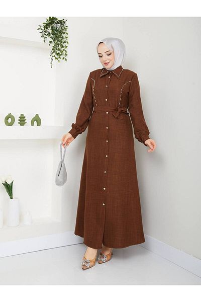 asyadabutik Beaded Buttoned Belted Hijab 1stClass Linen Dress
