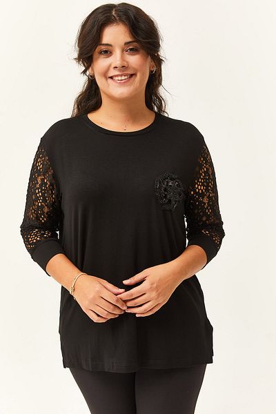 Ebsumu Women's Plus Size Transparent Sleeve Black Blouse