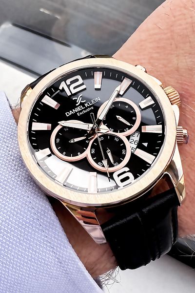 Daniel Klein Men's Wristwatch 3 Atm Waterproof Black Color Leather Cord + Bracelet Gift DKE2084C5