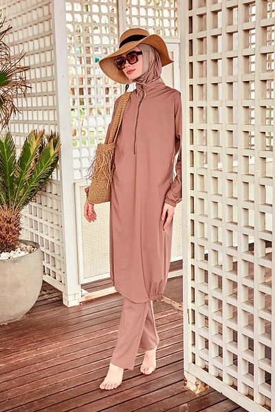 Marina Mink Colored Parachute Fabric - Full Covered Hijab Swimsuit M2405