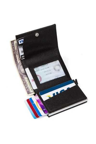 tuldar Black Rfid Card Gift Card Holder Wallet with Automatic Shooting Protective Mechanism Paper Money Compartment