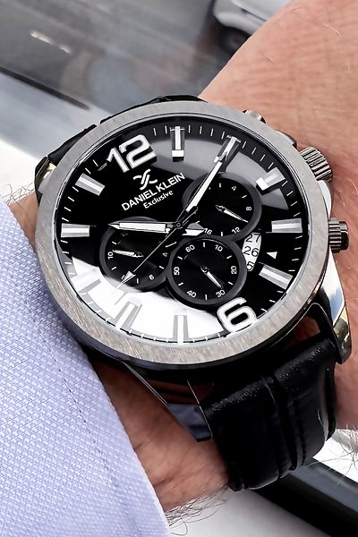 Daniel Klein Men's Wristwatch 3 Atm Waterproof Black Color Leather Cord + Bracelet Gift DKE2084C3
