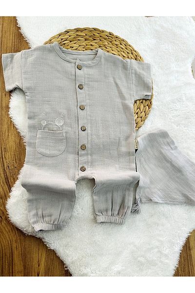 limebabies Teddy Bear Embroidered 100% Cotton Muslin Baby Jumpsuit