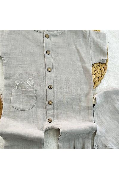 limebabies Teddy Bear Embroidered 100% Cotton Muslin Baby Jumpsuit