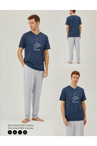 Pamuk & Pamuk COTTON&COTTON SOFT TEXTURED V-NECK UNDER-WOVEN FABRIC SHORT SLEEVE MEN'S PAJAMAS SET