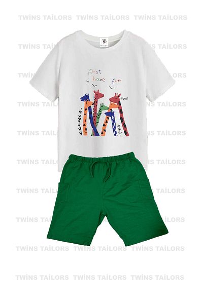 twins tailors طقم أطفال مكون من قطعتين مع شورت مطبوع عليه وحش الكوكيز والزرافة