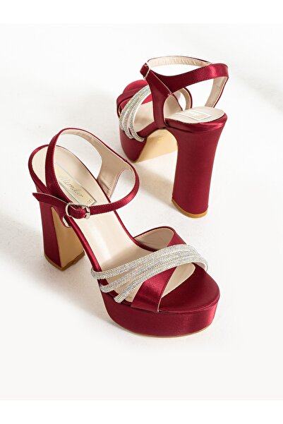 Alemdar Shoes DİNA Burgundy Satin Silver Stone Detailed Heeled Women's Shoes