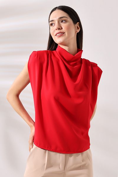 Butik Beyza Women's Degaje Collar Flowing Blouse with Padded Shoulders