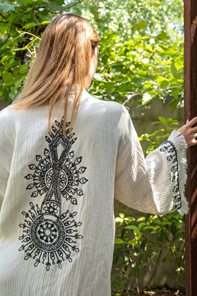 NAURA Concept Müslin Peştemal Bornoz Nakışlı Kimono Kaftan Elbise %100 Pamuk Plaj Elbisesi