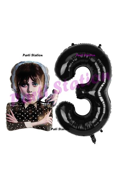 Parti Station Wednesday 3 Year Old Birthday Balloon and Black Figure Party Set - Wednesday Addams Balloon