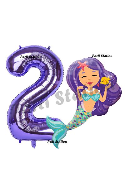Parti Station 2 Year Old Mermaid Balloon and Purple Number Birthday Party Set