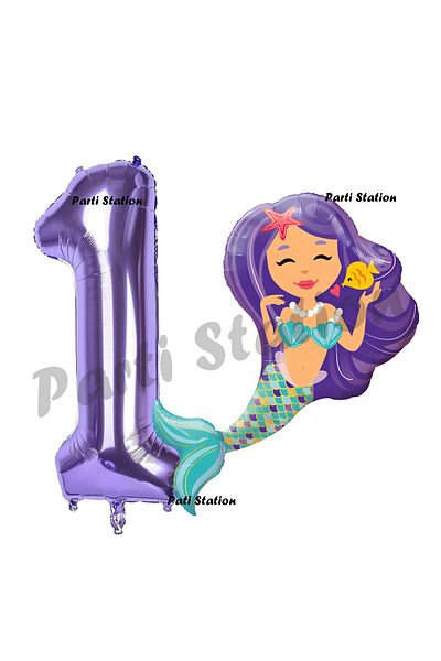 Parti Station 1 Year Old Mermaid Balloon and Purple Number Birthday Party Set