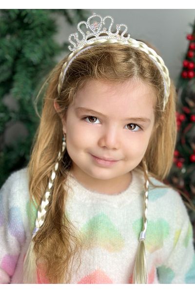 QUEEN AKSESUAR Luxury Queen Jewelled Hairpiece Children's Rapunzel Crown with Hair - Birthday White Crown