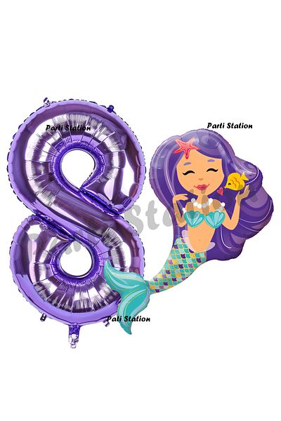 Parti Station 8 Year Old Mermaid Balloon and Purple Number Birthday Party Balloon Set
