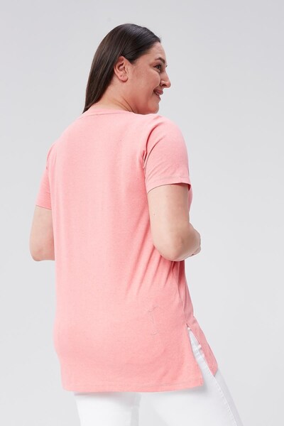 Seamoda Plus Size V-Neck Slit Cotton Basic T-shirt-coral