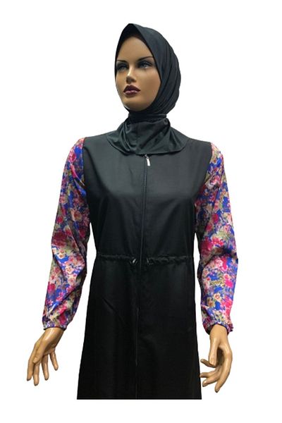 eflin Plus Size Women's Clothing - Black-Blue Floral Hijab Swimsuit, Including Bonnet
