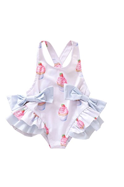 Petityu ملابس سباحة للفتيات بطبعة كب كيك متقاطعة من الخلف مع فيونكة لطيفة