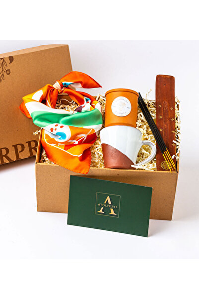 ATÖLYE247 Özel Tasarım Hediye Seti- Turuncu Desenli Fular Terracota Mum Sırlı...