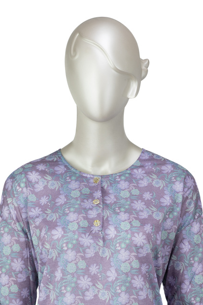 Oppland Γυναικεία χάρτινη στάμπα Κλασική μητρική μπλούζα Βαμβακερό ύφασμα με μοτίβο βασιλικού με τρία κουμπιά Full Mold