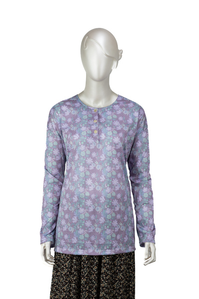 Oppland Γυναικεία χάρτινη στάμπα Κλασική μητρική μπλούζα Βαμβακερό ύφασμα με μοτίβο βασιλικού με τρία κουμπιά Full Mold