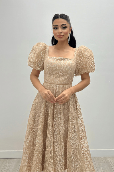 giyimmasalı Glitter Fabric Balloon Sleeve Midi Dress - GOLD