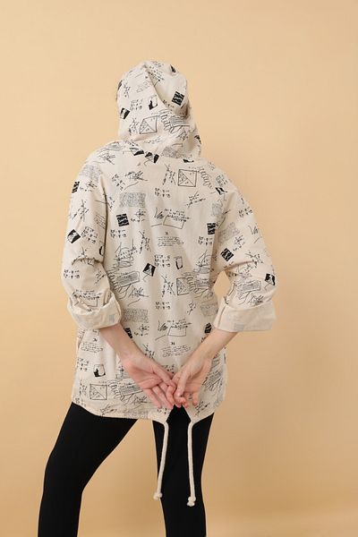 Asist Hooded Zippered Newspaper Printed Loose Jacket - 0397
