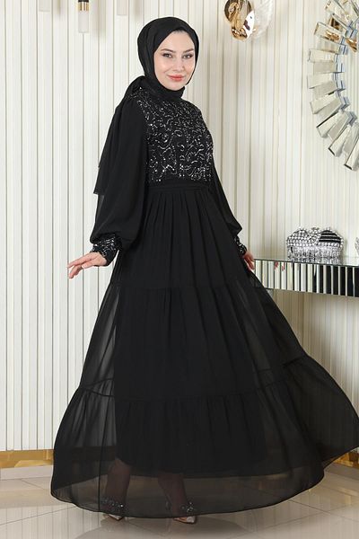 Modamihram Abendkleid aus Chiffon mit Pailletten Schwarz 19187