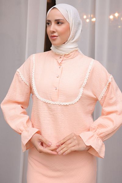benguen 2078 Double Set with Knit Detail on the Collar Salmon