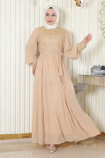 Modamihram Sequined Chiffon Evening Dress Gold 19187