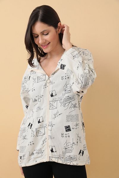 Asist Hooded Zippered Newspaper Printed Loose Jacket - 0397