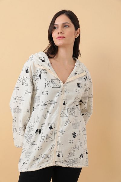 Asist Hooded Zippered Newspaper Printed Loose Jacket - 0397