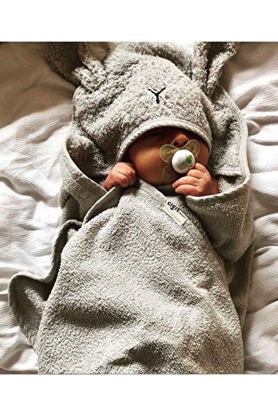 Cigit Бродирана бебешка кърпа за баня с уши заек 75x75 см сива