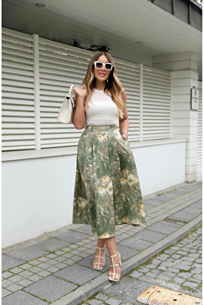 mor butik Green Shiny Pleated Bell Skirt shine777