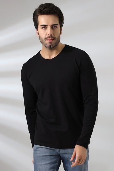 RUN RUN Tricou Compact Combed Lycra Regular Fit cu mânecă lungă cu decolteu în V 19647 Negru