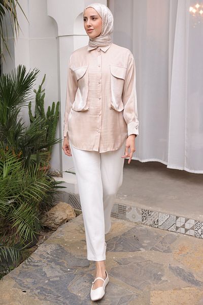 benguen Γυναικείο πουκάμισο Big Pocket Detailed 2081 Beige