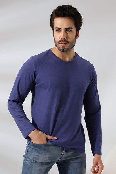 RUN RUN Tricou compact cu mânecă lungă cu decolteu în V din Lycra pieptănată, cu potrivire obișnuită 19647 Indigomelange