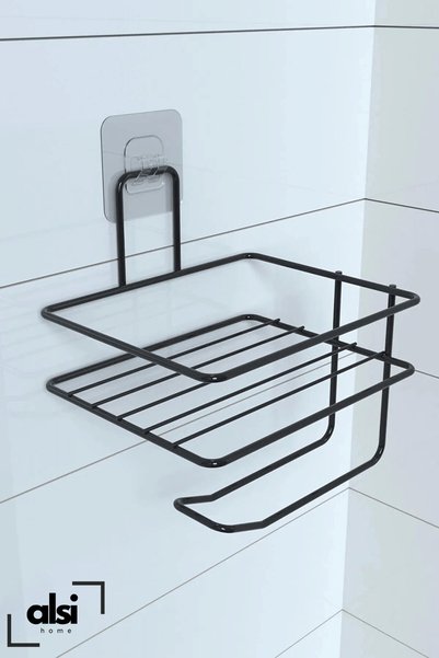 ALSİ HOME Adhesive Toilet Paper Holder Holder Hanger Black Metal Toilet Paper Holder with Shelf Toilet Paper Holder