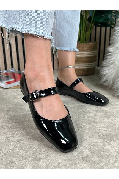 Allyup Zilnic, piele neagră lacuită, balerini pentru femei, cu vârf oval, simpli, eleganti, cu toc joasă, cataramă, pantofi ușori comozi M-506