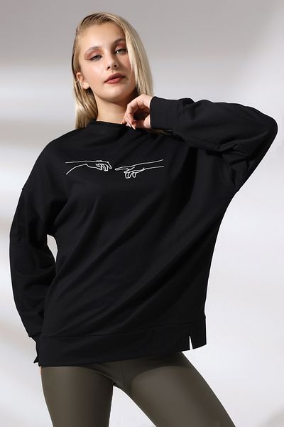 Ladies Hanorac lung cu fantă brodat 21173 Negru
