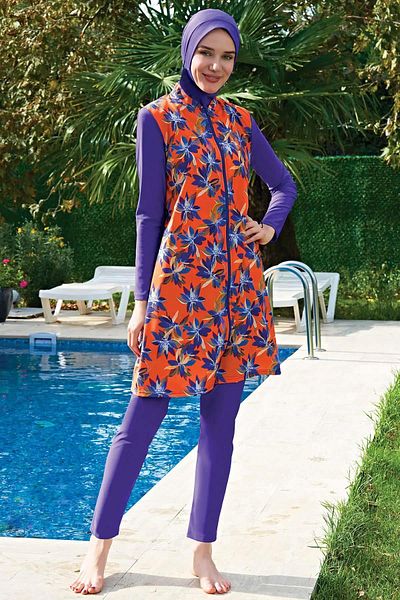 Ruko Maio Women's Zippered Lycra Woven Purple Full Hijab Swimsuit C1T2N4O2