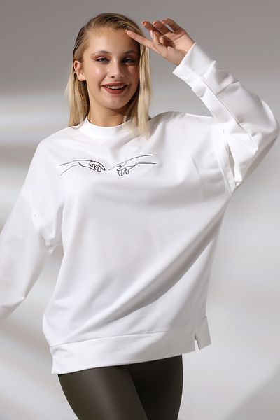 Ladies Embroidered Slit Long Sweatshirt 21173 Ecru