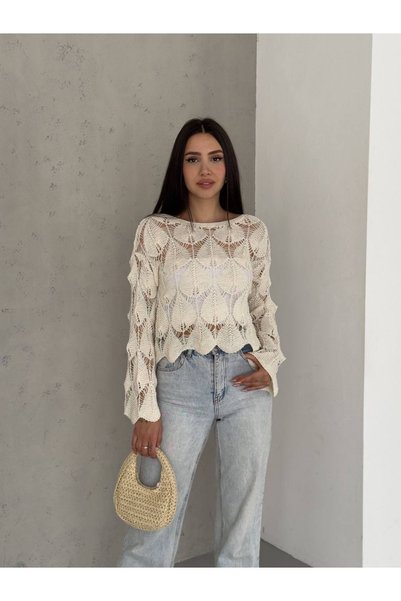 gozdefashion Women's Leaf Pattern Detailed Openwork Sweater