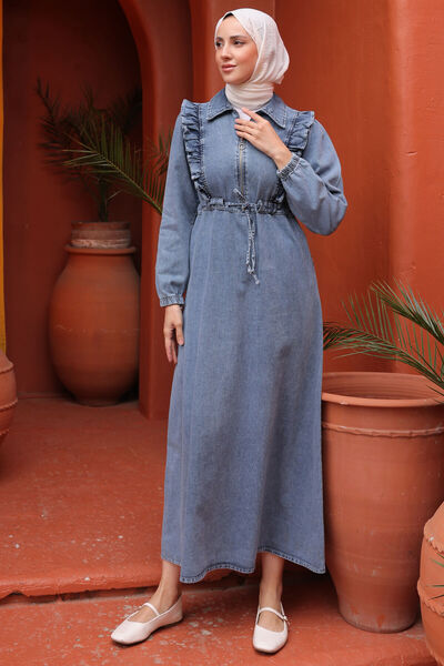 benguen 6808 βολάν με λεπτομερές τζιν φόρεμα μπλε