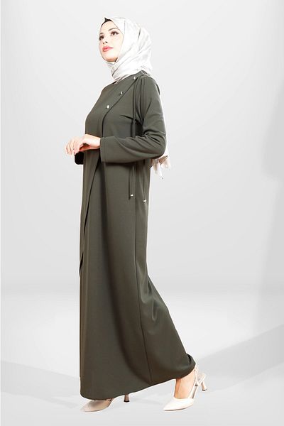 Beyza 5557 Μοντέλο Χακί Φόρεμα Hijab - Λεπτομέρεια ώμου με κορδόνια
