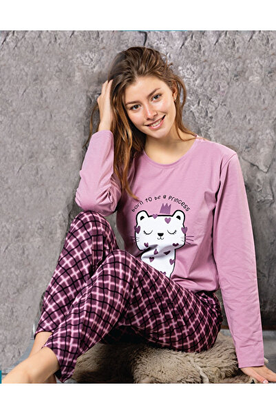 Generic Brand Pink Cat Patterned Lycra Long Sleeve Women's Pajamas Set - Crew...